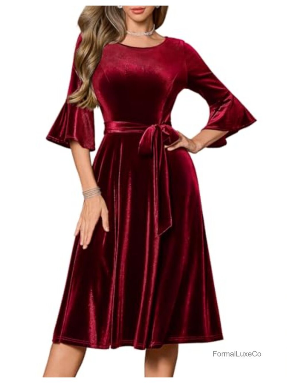 Modest Velvet Bell Sleeve Wedding Guest Cocktail Dress with High Waist